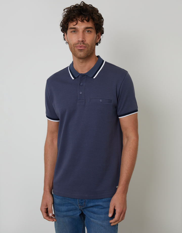 Blue Jetted Pocket Cotton Interlock Polo Shirt