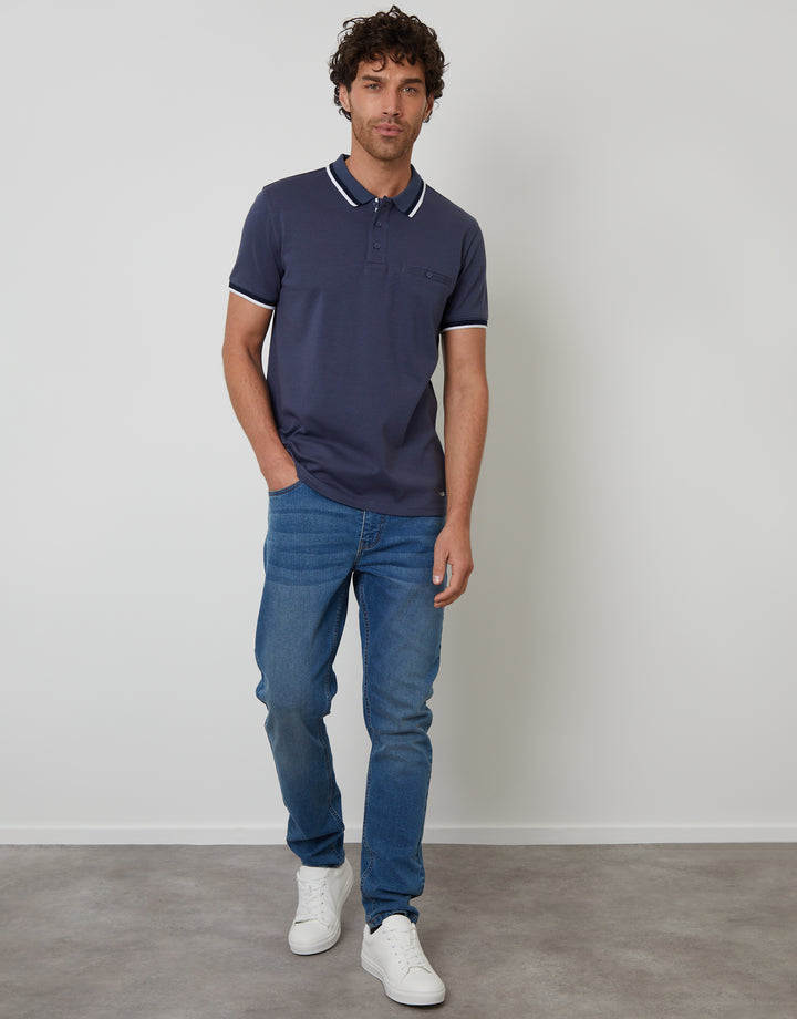 Blue Jetted Pocket Cotton Interlock Polo Shirt
