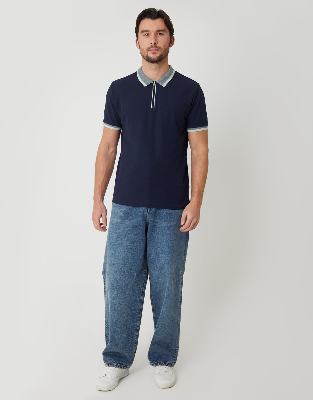 Navy Pique Tipping Collar Quarter Zip Polo Shirt