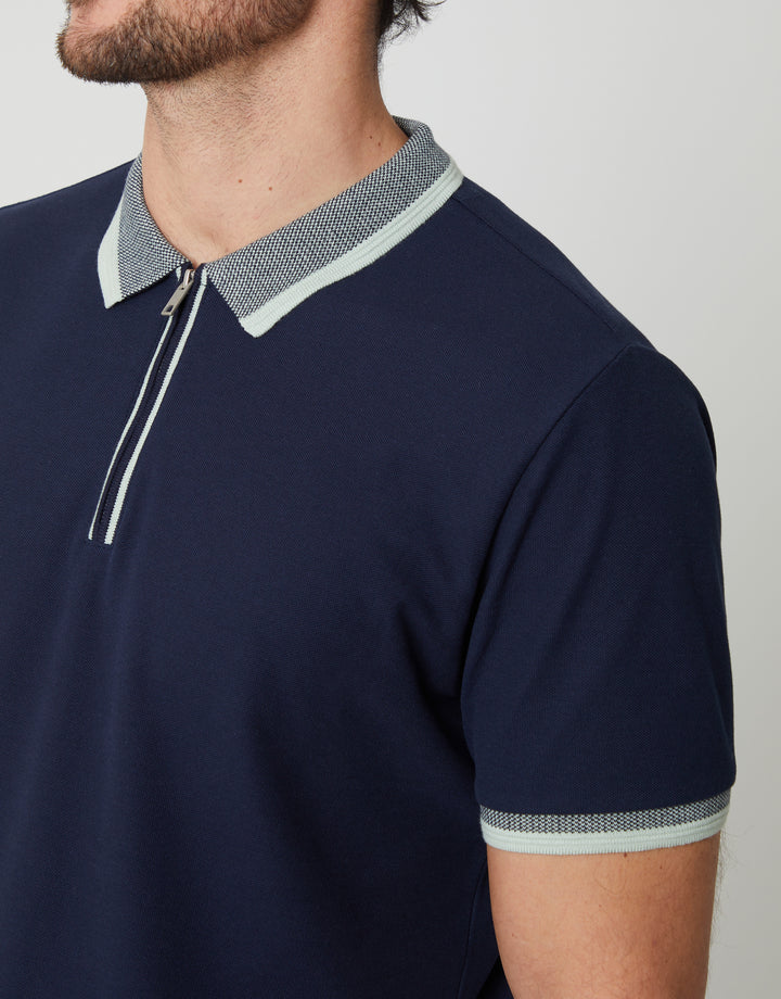 Navy Pique Tipping Collar Quarter Zip Polo Shirt