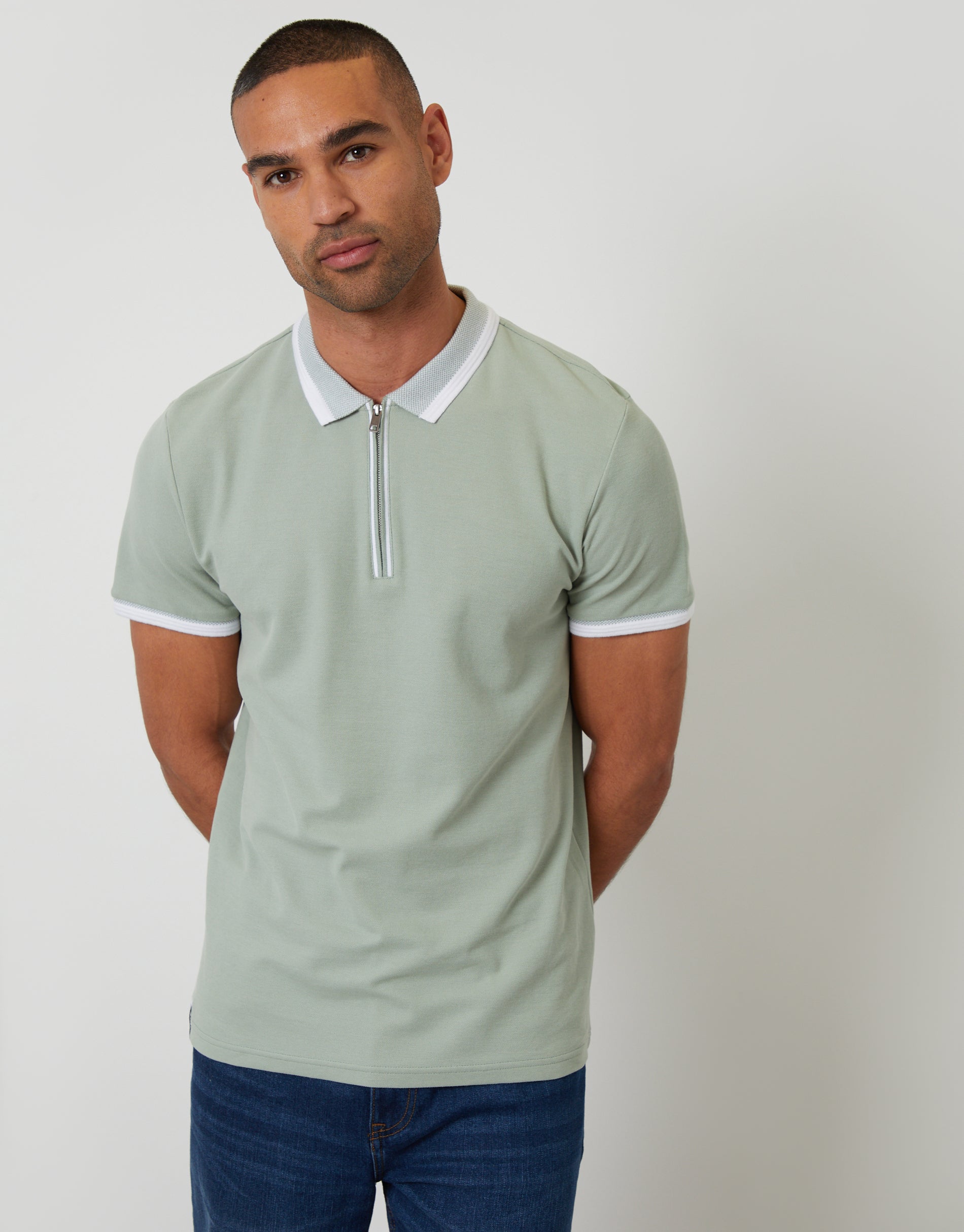 Threadbare Men's Sage Green Pique Tipping Collar Quarter Zip Polo