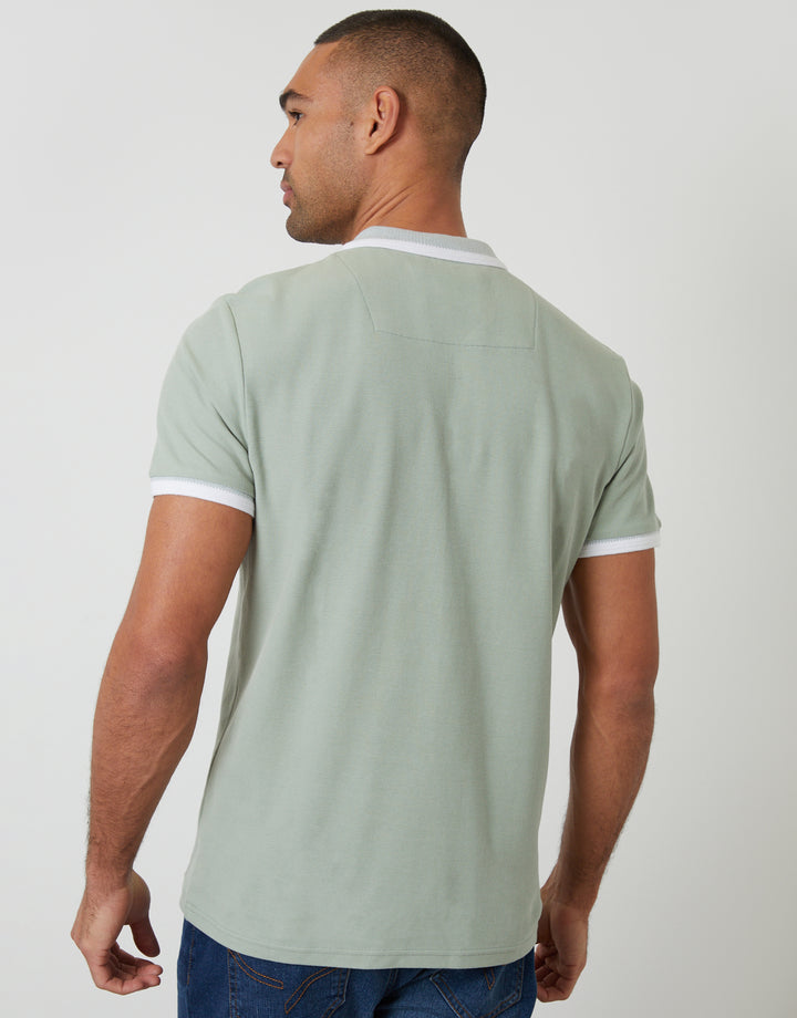 Threadbare Pique Tipping Collar Quarter Zip Polo Shirt in Sage Green - back view