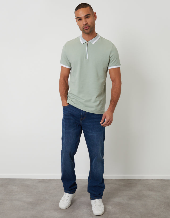 Threadbare Pique Tipping Collar Quarter Zip Polo Shirt in Sage Green - full body