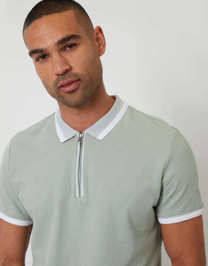 Threadbare Pique Tipping Collar Quarter Zip Polo Shirt in Sage Green - front view close up