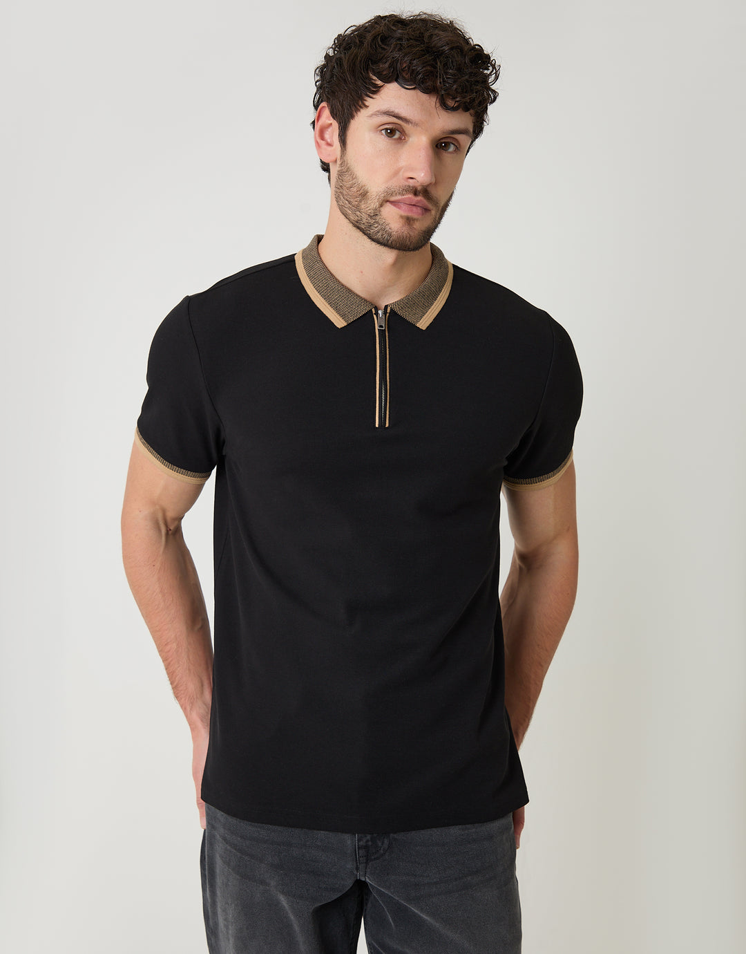 Black Pique Tipping Collar Quarter Zip Polo Shirt