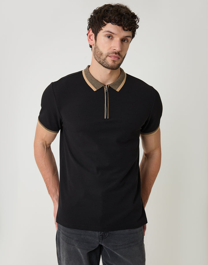 Black Pique Tipping Collar Quarter Zip Polo Shirt