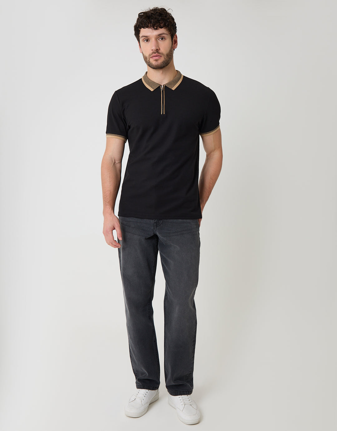 Black Pique Tipping Collar Quarter Zip Polo Shirt