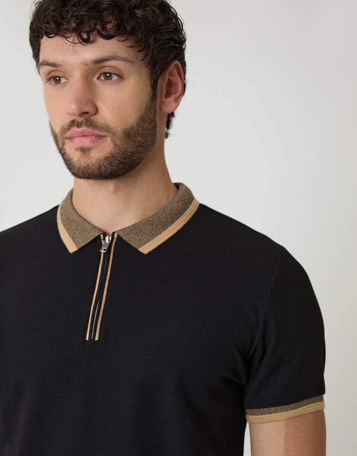 Black Pique Tipping Collar Quarter Zip Polo Shirt