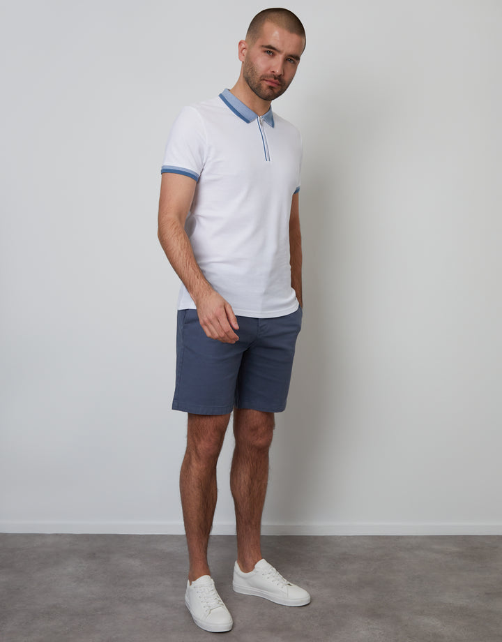 Pique Tipping Collar Quarter Zip Polo Shirt in White
