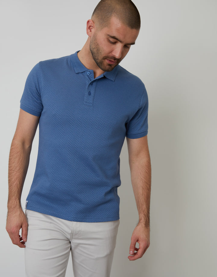 Denim Blue Textured Short Sleeve Polo Shirt