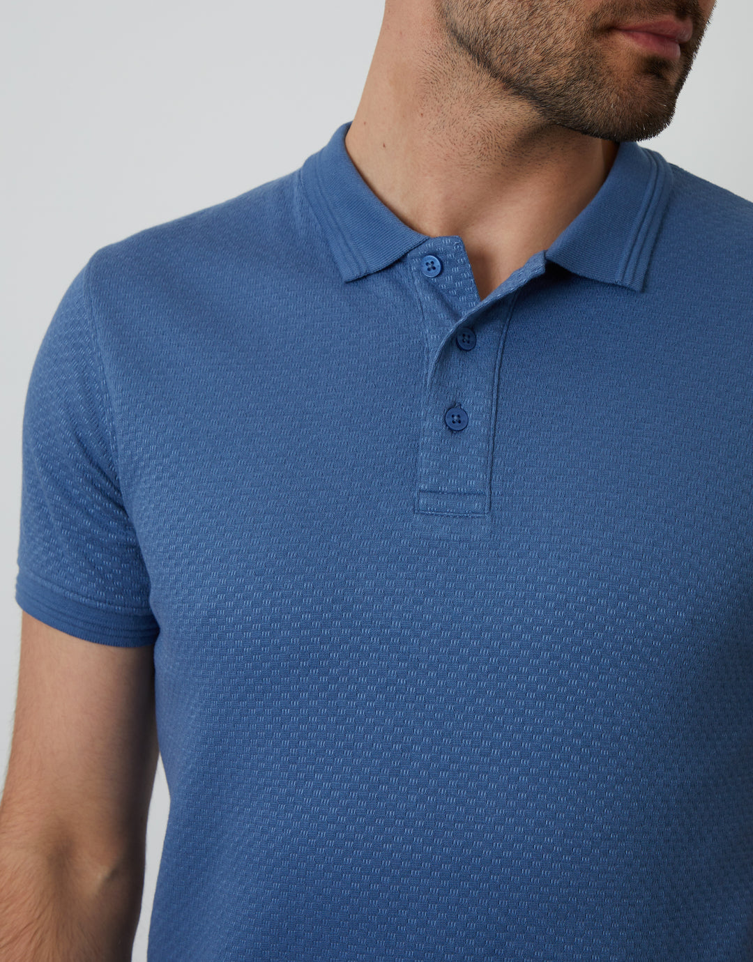 Denim Blue Textured Short Sleeve Polo Shirt
