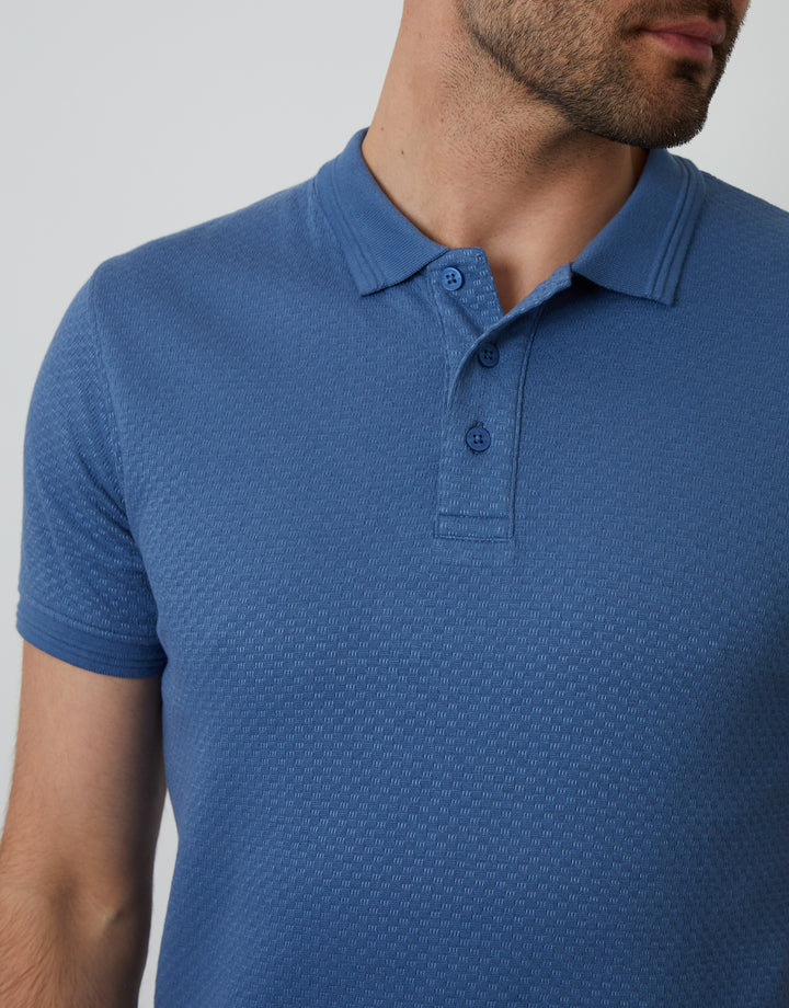 Denim Blue Textured Short Sleeve Polo Shirt