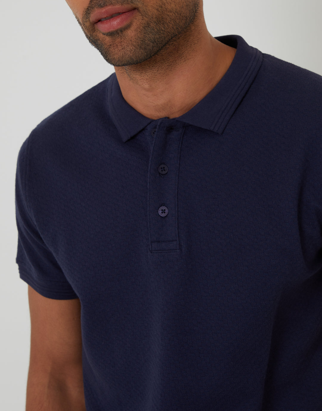 Navy Textured Short Sleeve Polo Shirt