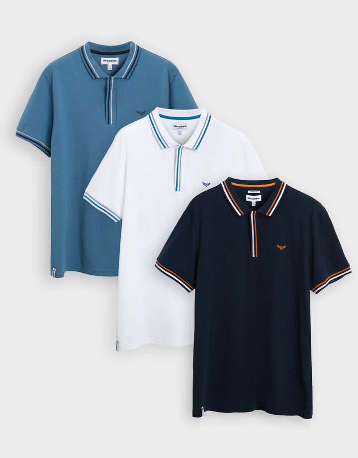 Blue Mix Contrast Tipping Hidden Placket Polo Shirts (3 Pack)