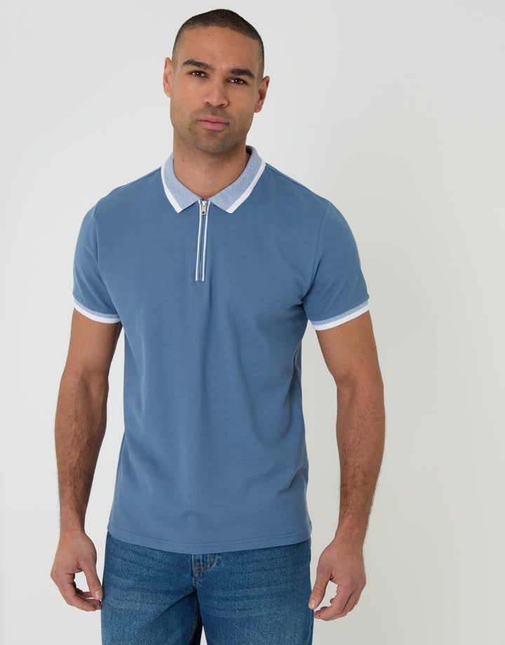 Threadbare Pique Tipping Collar Quarter Zip Polo Shirt in Denim Blue - front view