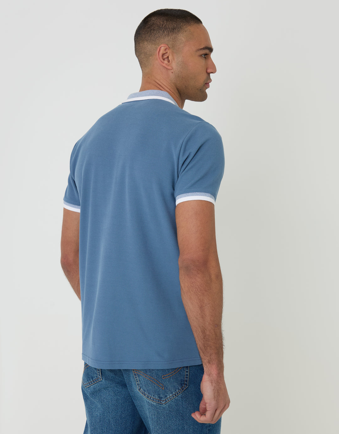 Threadbare Two Tone Collar Polo Shirt in Denim Blue - back view