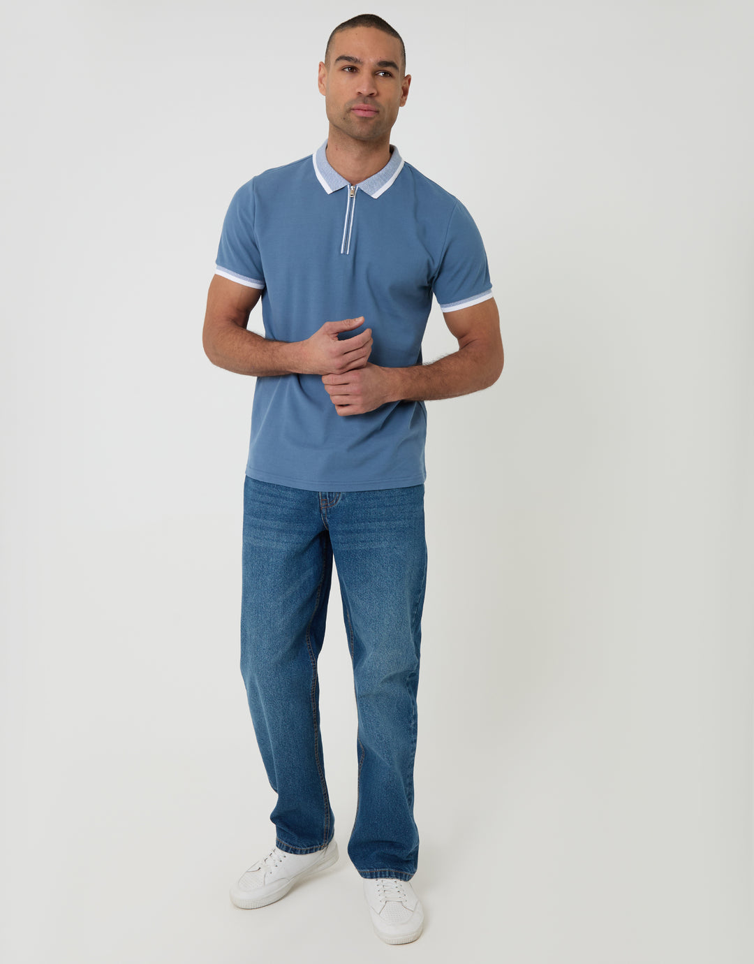 Threadbare Pique Tipping Collar Quarter Zip Polo Shirt in Denim Blue - full body