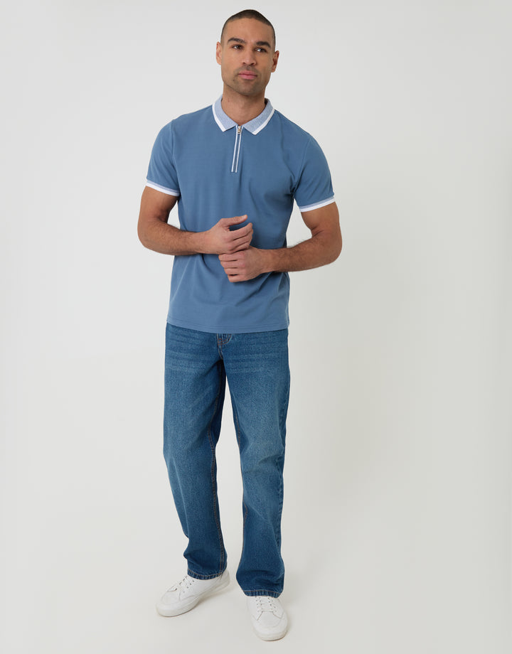 Threadbare Pique Tipping Collar Quarter Zip Polo Shirt in Denim Blue - full body
