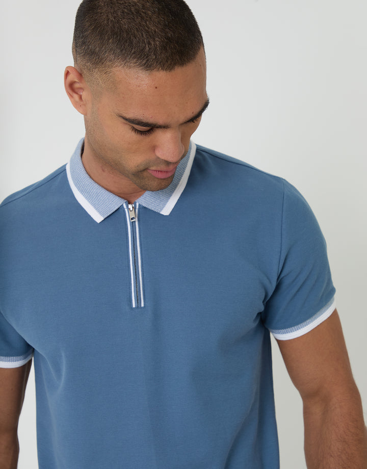 Threadbare Two Tone Collar Polo Shirt in Denim Blue - front view close up