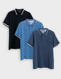 Threadbare 3 Pack Jet Pocket Contrast Tipping Polo Shirts in Black, Light Blue & Denim Blue - 3-pack flat lay