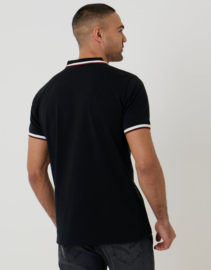 Threadbare Jet Pocket Contrast Tipping Polo Shirt in Black - back view