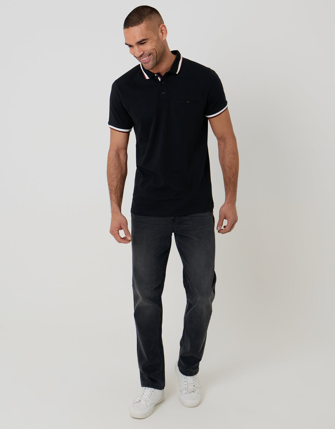 Threadbare Jet Pocket Contrast Tipping Polo Shirt in Black - full body