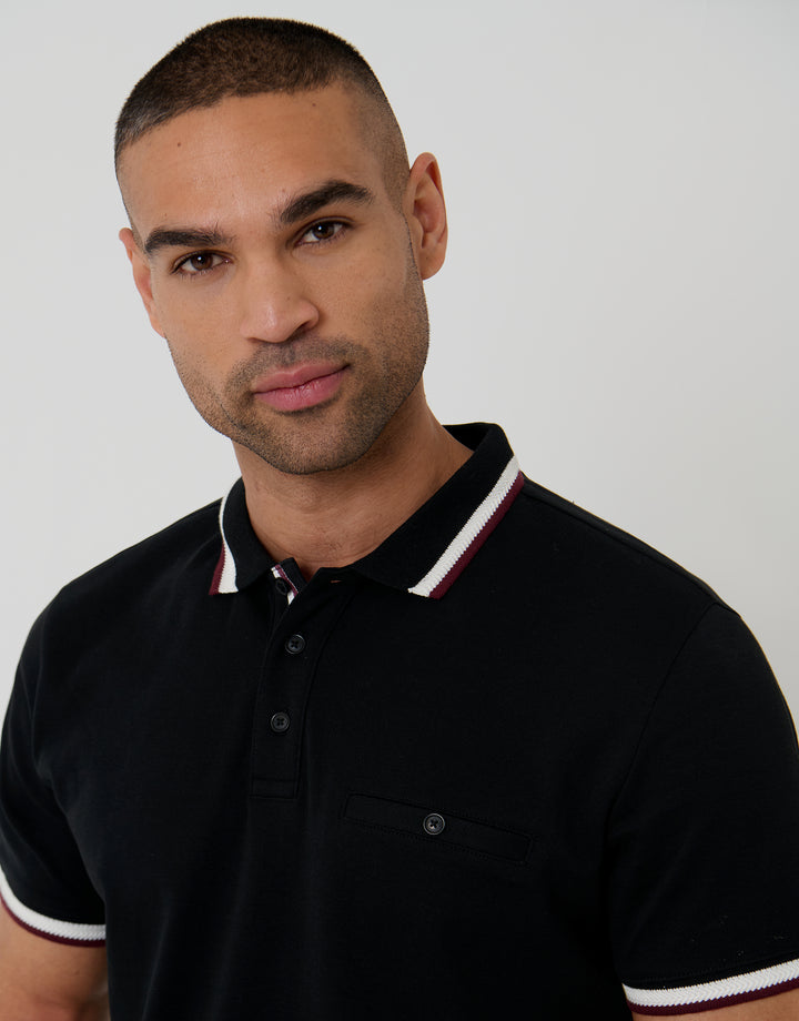 Threadbare Jet Pocket Contrast Tipping Polo Shirt in Black - front view close up