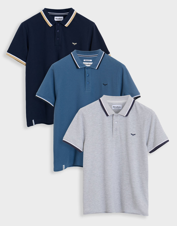 Threadbare 3 Pack Herringbone Tipping Detail Pique Polo Shirts in Blue Mix - flat lay all