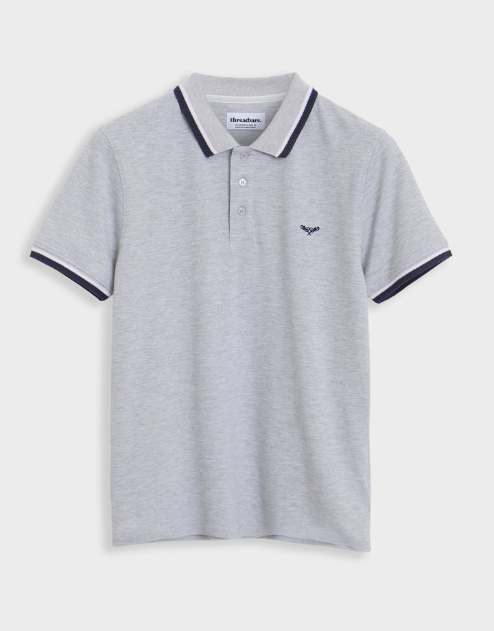Threadbare 3 Pack Herringbone Tipping Detail Pique Polo Shirts in Blue Mix - grey