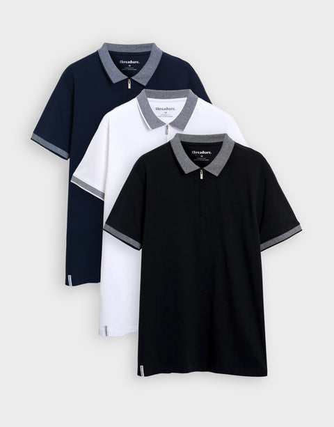 Threadbare 3 Pack Dark Mix Two Tone Collar Zip Polo Shirts in Navy, White & Black - 3-pack flat lay