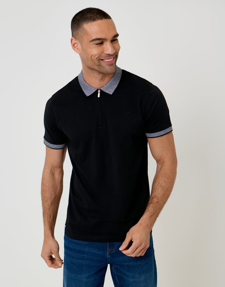Threadbare Two Tone Collar Zip Polo Shirt in Black - front view