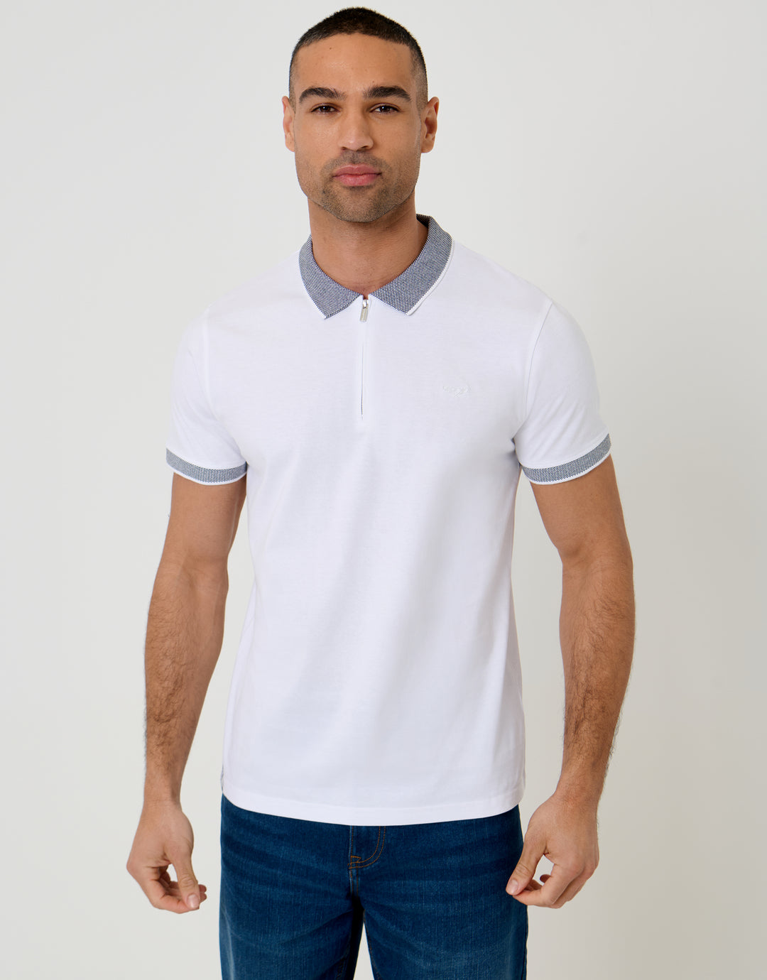 Threadbare Two Tone Collar Zip Polo Shirt in White - front view
