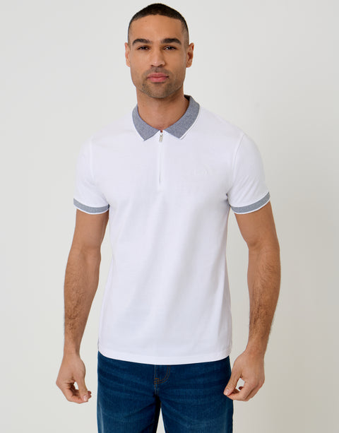 Threadbare Two Tone Collar Zip Polo Shirt in White - front view