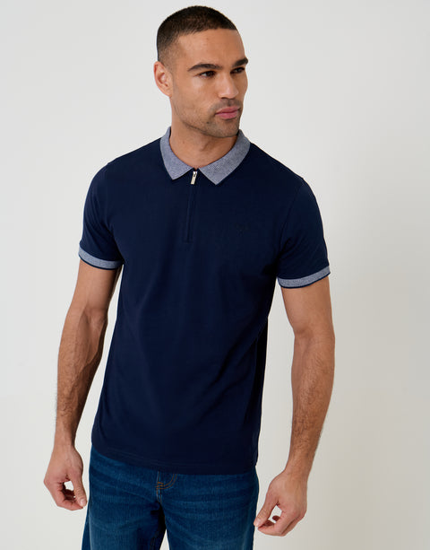 Threadbare Two Tone Collar Zip Polo Shirt in Navy - front view
