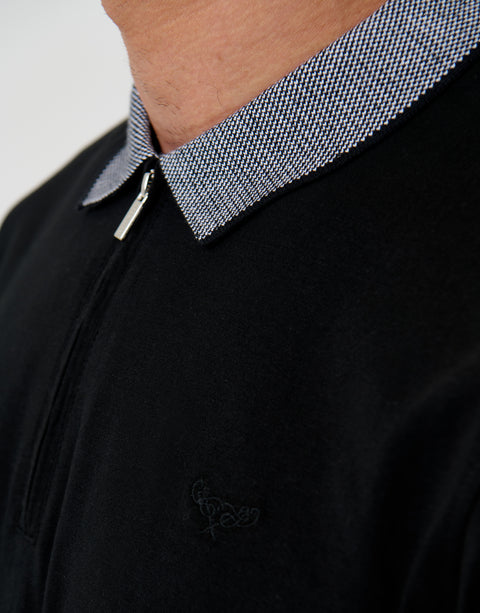 Threadbare Two Tone Collar Zip Polo Shirt in Black - collar close up