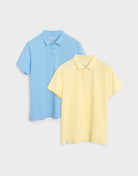 Threadbare Single Jersey Cotton Polo Shirts (2 Pack) in Baby Blue & Lemon - double flat lay