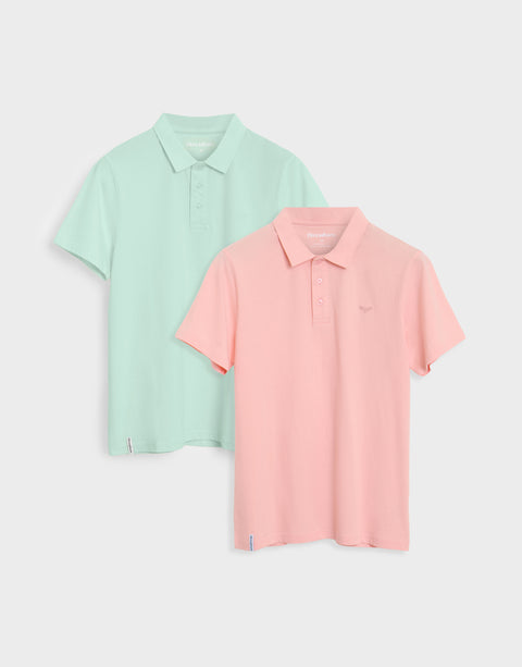 Threadbare Single Jersey Cotton Polo Shirts (2 Pack) in Mint Green & Pink - pack view