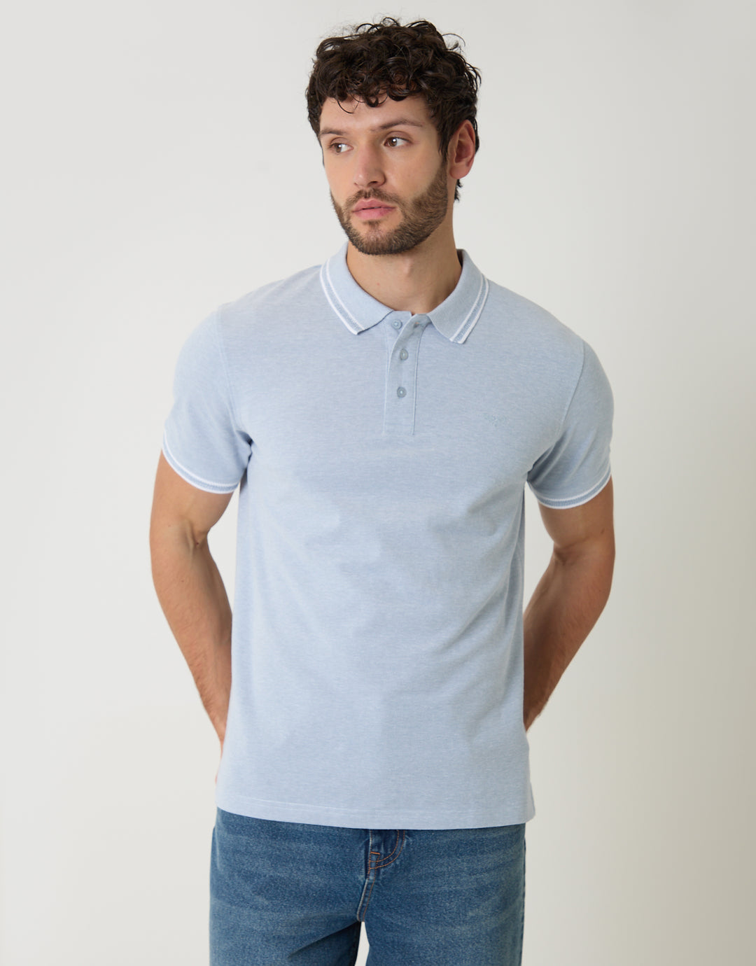 Denim Blue Two Tone Cotton Pique Polo Shirt