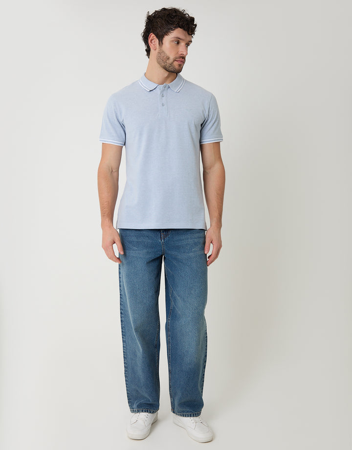 Denim Blue Two Tone Cotton Pique Polo Shirt