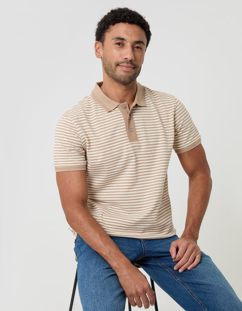 Threadbare Cotton Pique Polo Shirt in Stone Stripe - front view, seated