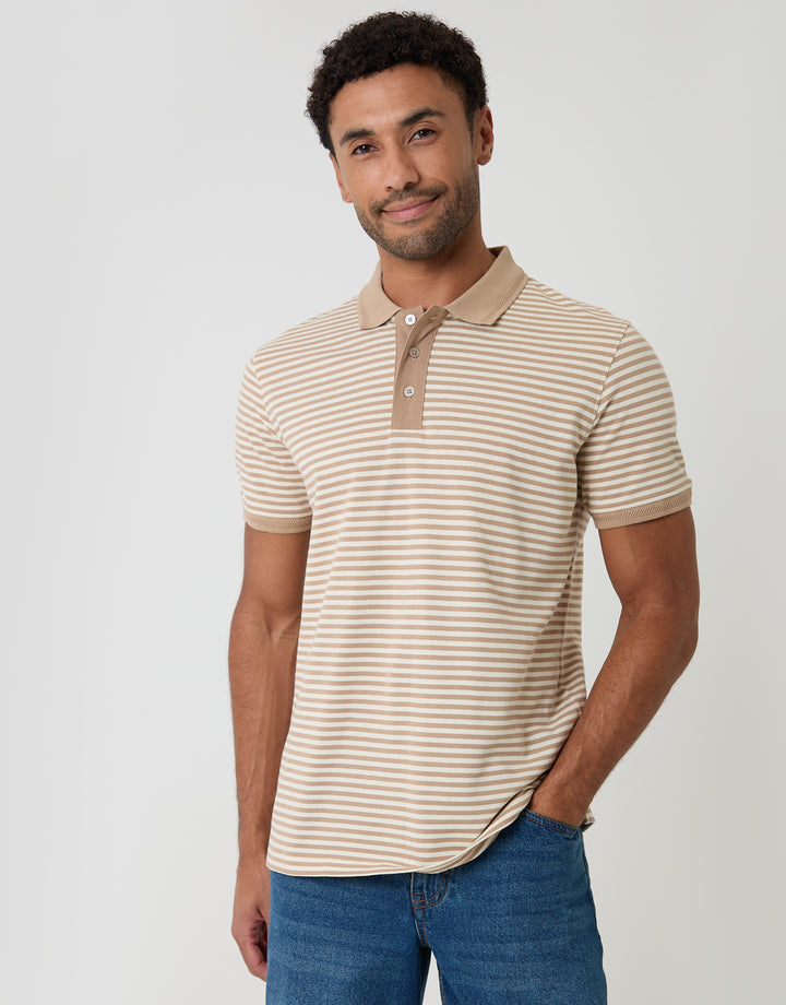 Threadbare Cotton Pique Polo Shirt in Stone Stripe - front view