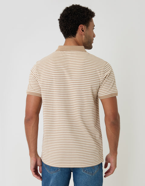 Threadbare Cotton Pique Polo Shirt in Stone Stripe - back view