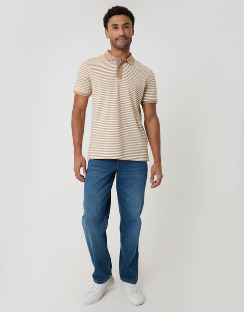 Threadbare Cotton Pique Polo Shirt in Stone Stripe - full body