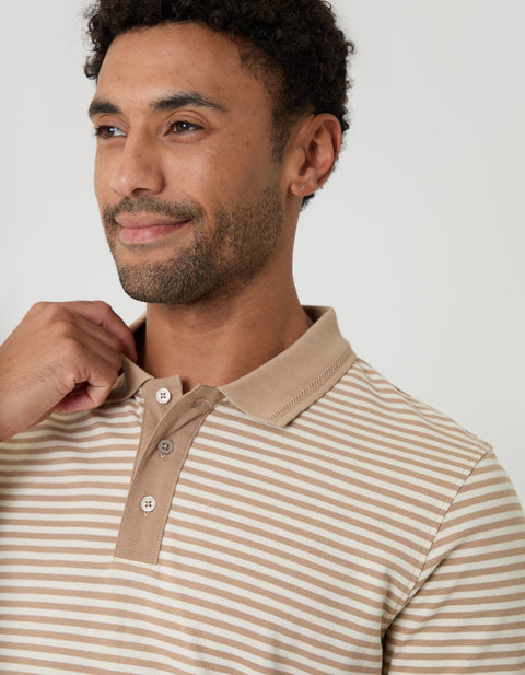 Threadbare Cotton Pique Polo Shirt in Stone Stripe - collar close up