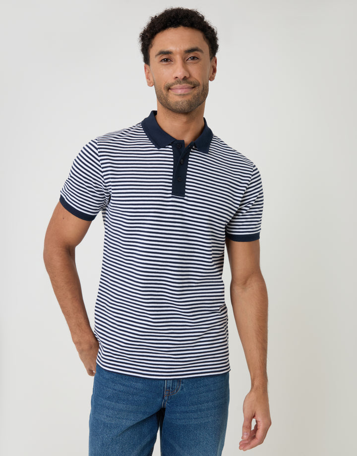Threadbare Cotton Pique Polo Shirt in Navy Stripe - front view