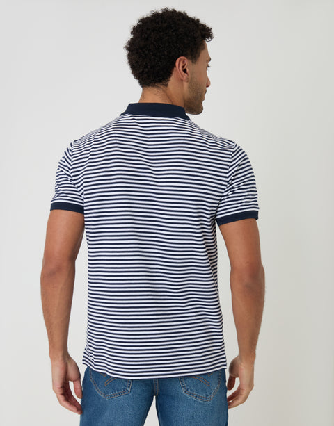 Threadbare Cotton Pique Polo Shirt in Navy Stripe - back view