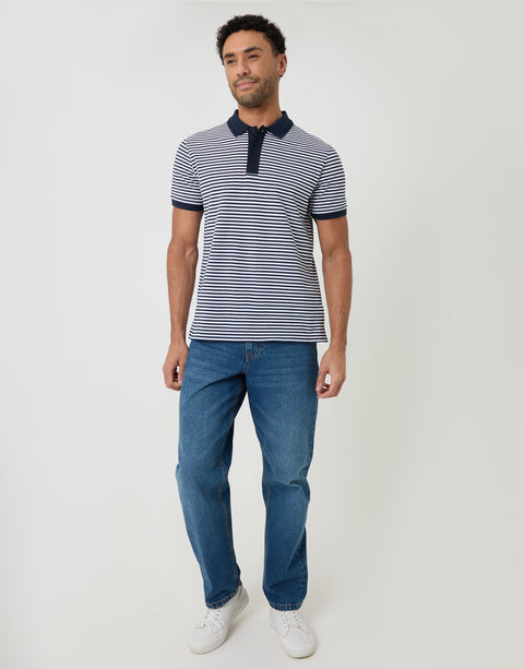 Threadbare Cotton Pique Polo Shirt in Navy Stripe - full body