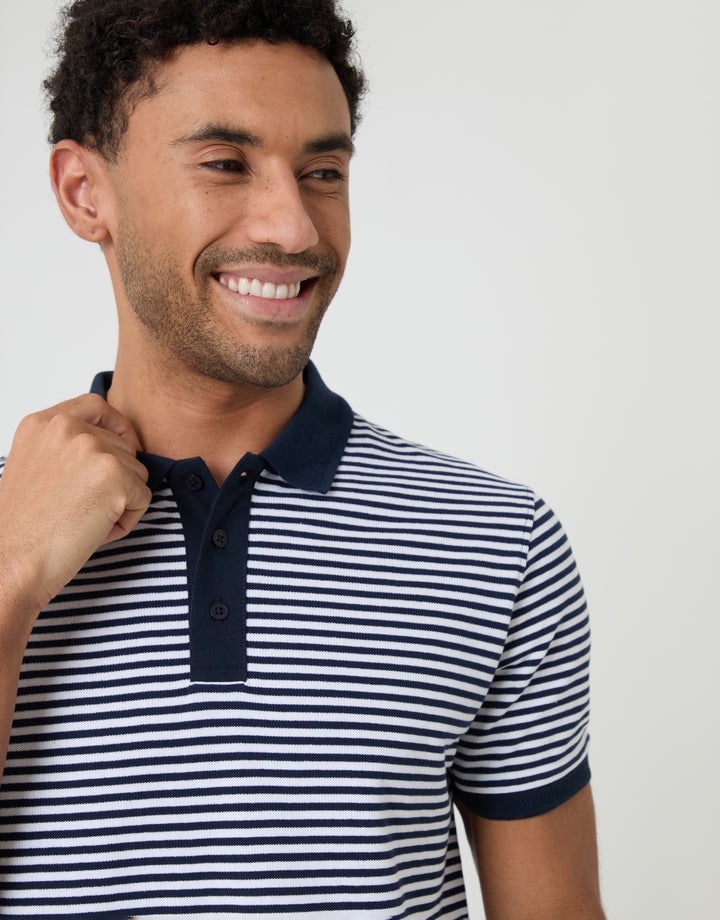 Threadbare Cotton Pique Polo Shirt in Navy Stripe - front view close up