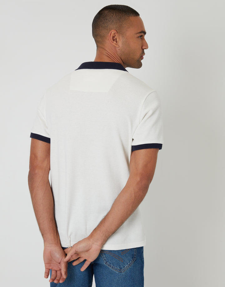 Threadbare Trophy Neck Waffle Polo Shirt in White - back view