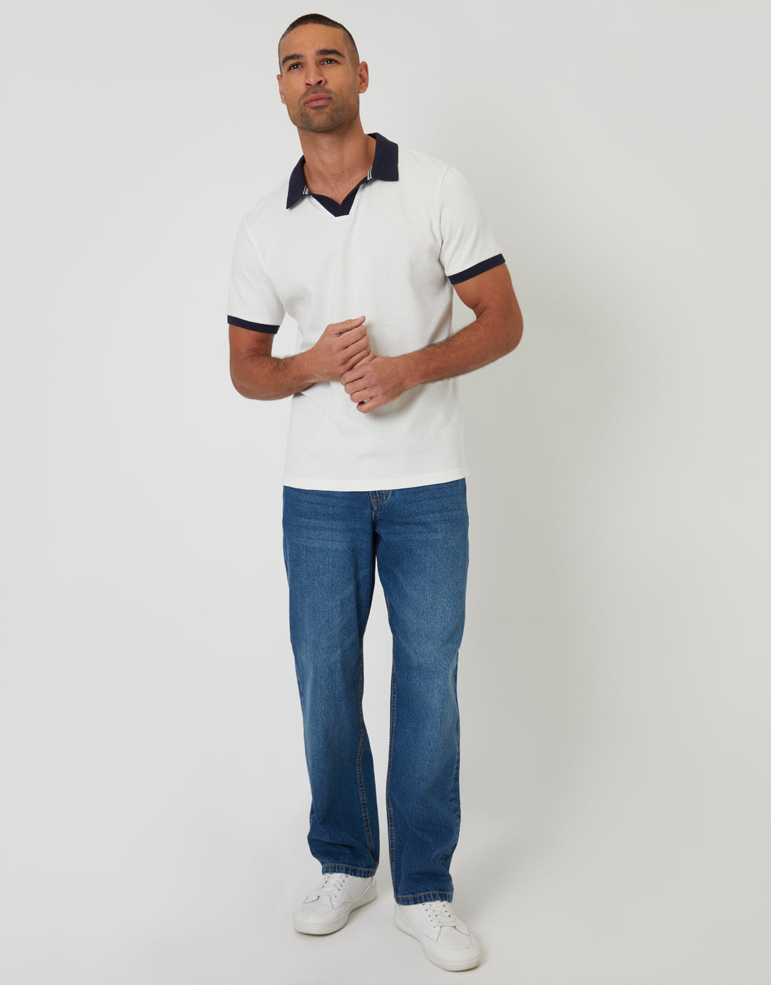 Threadbare Trophy Neck Waffle Polo Shirt in White - full body
